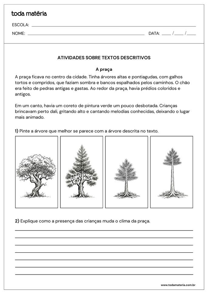 atividade de interpreta&ccedil;&atilde;o de texto descritivo com quest&atilde;o aberta