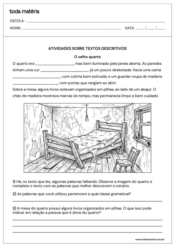 atividade de complete e quest&otilde;es abertas de interpreta&ccedil;&atilde;o de texto descritivo