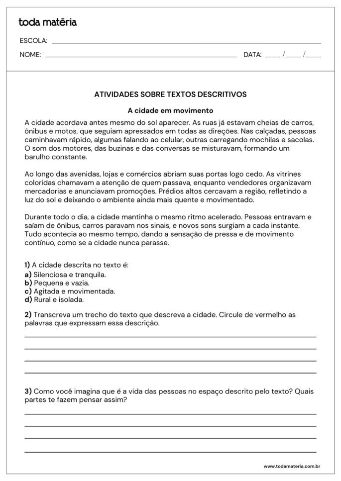 atividade interpreta&ccedil;&atilde;o de texto descritivo para 5&ordm; ano