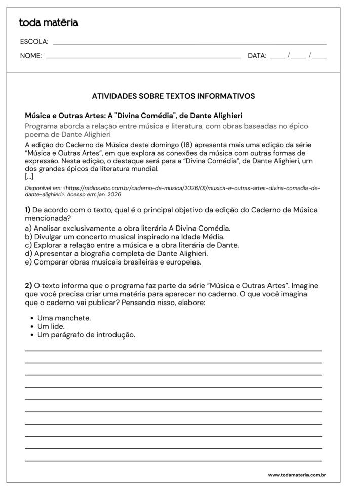 Atividade de interpreta&ccedil;&atilde;o de texto informativo para 7&ordm; ano