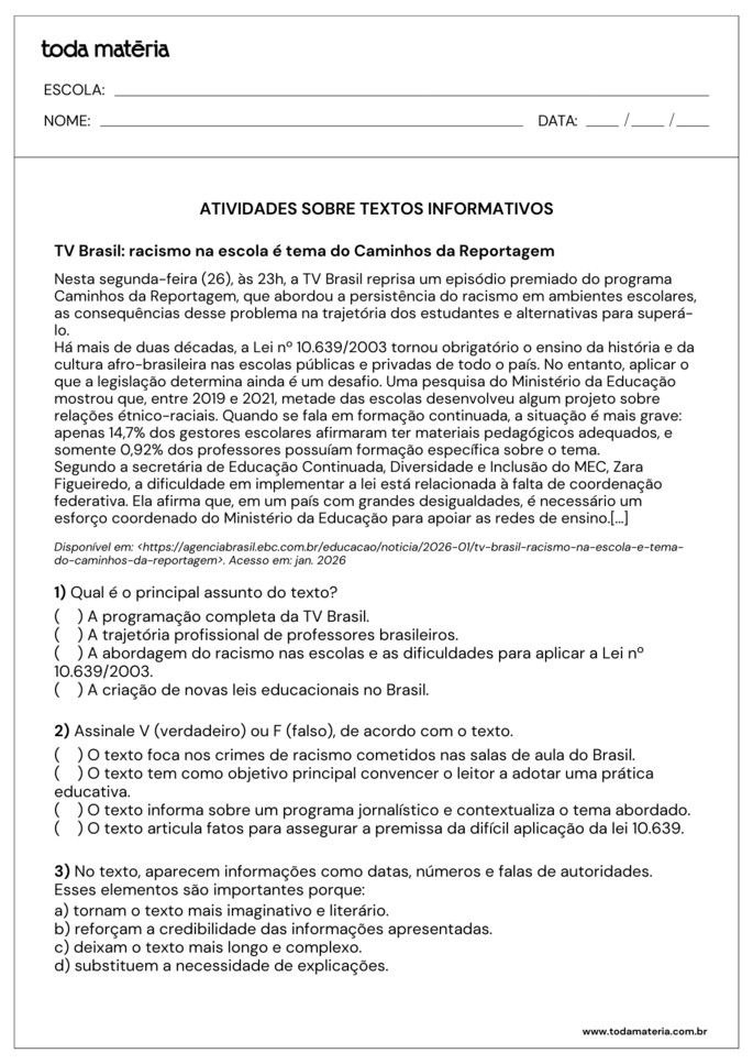 Atividade de m&uacute;ltipla escolha e verdadeiro ou falso sobre interpreta&ccedil;&atilde;o de texto informativo