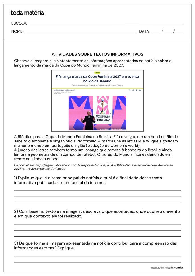 Atividade de interpreta&ccedil;&atilde;o de texto informativo com quest&otilde;es abertas
