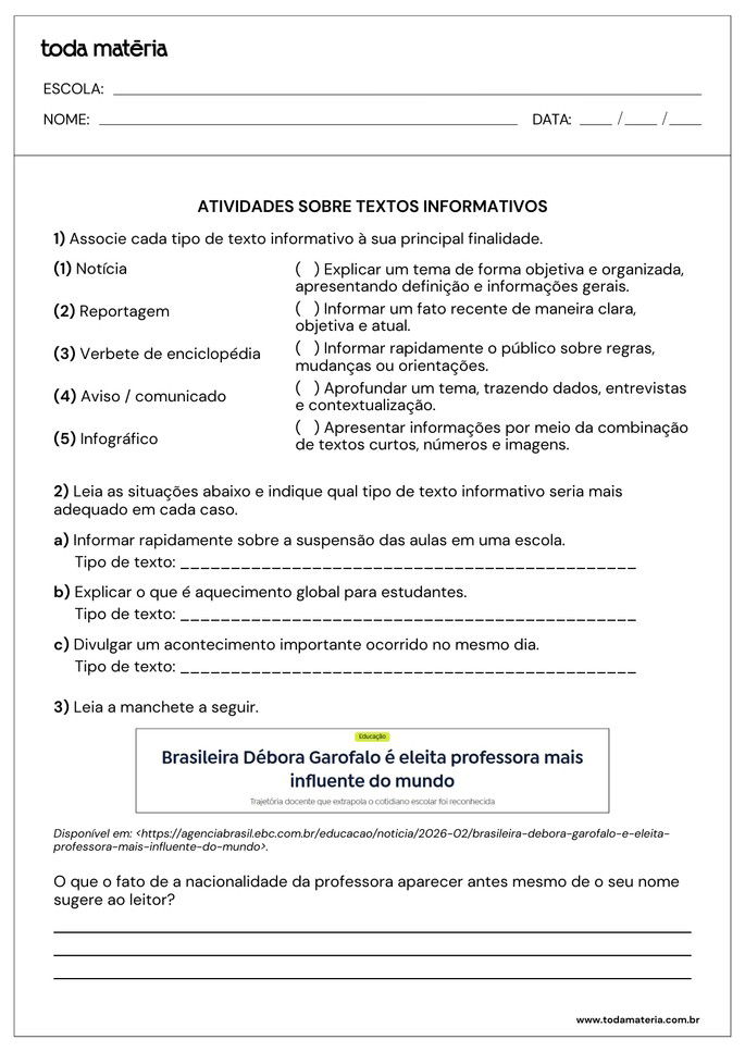 Atividade de interpreta&ccedil;&atilde;o de texto informativo com quest&otilde;es abertas e de associa&ccedil;&atilde;o