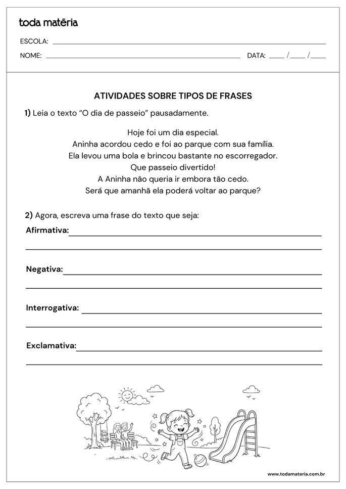 atividades de leitura e identifica&ccedil;&atilde;o de tipos de frases
