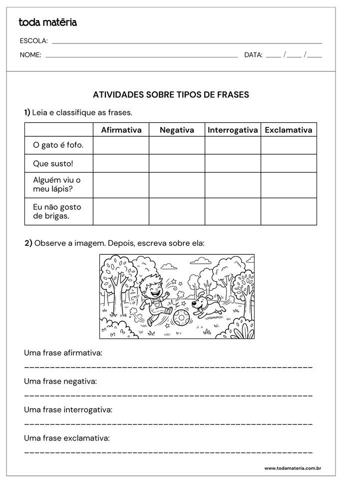 atividades de classifica&ccedil;&atilde;o e elabora&ccedil;&atilde;o de tipos de frases