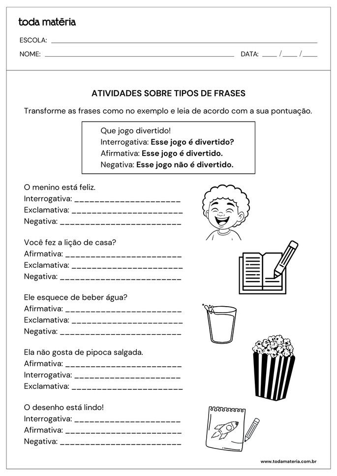 atividades para transformar frases afirmativas, negativas, interrogativas e exclamativas