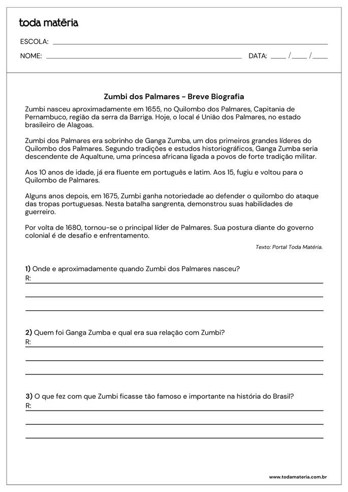 Atividade com perguntas abertas sobre a biografia de Zumbi dos Palmares