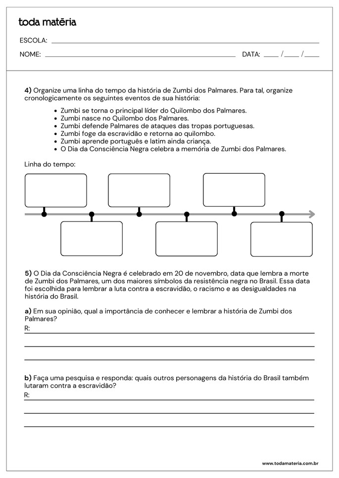 Atividade com linha do tempo e perguntas abertas sobre Zumbi dos Palmares