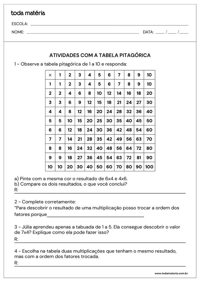 atividades com observa&ccedil;&atilde;o de tabela pitag&oacute;rica seguida de perguntas e respostas