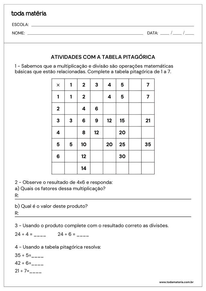 atividades com tabela pitag&oacute;rica de complete, perguntas e resolva