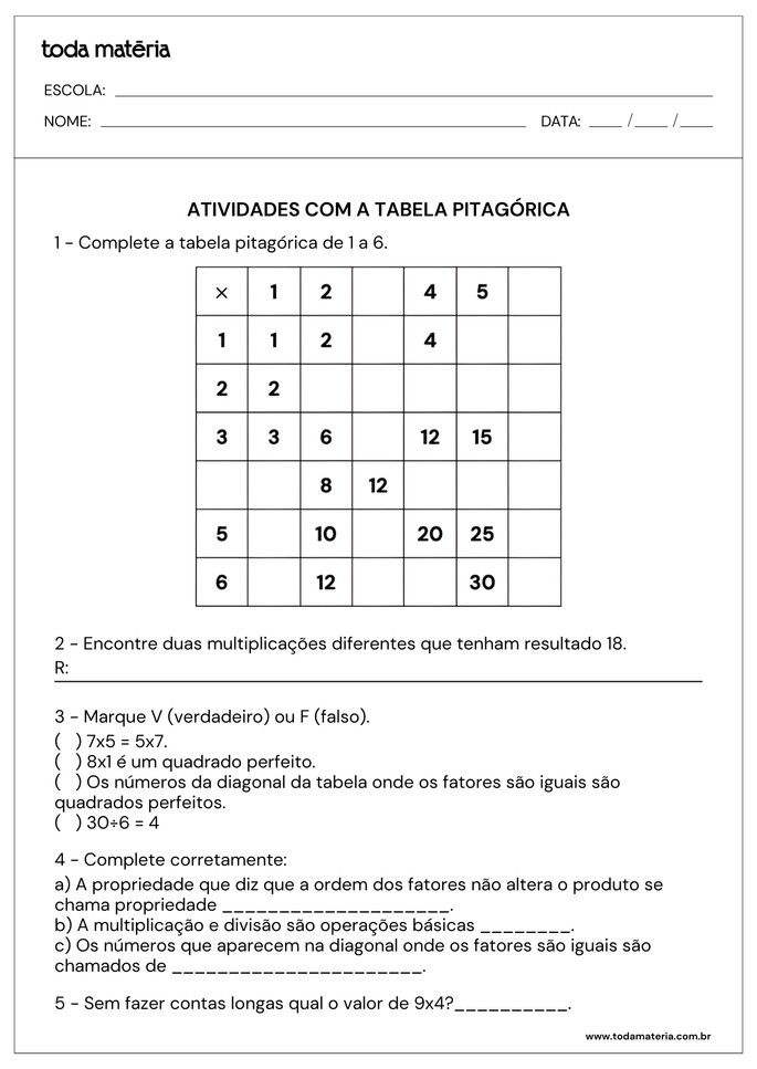 atividades com tabela pitag&oacute;rica de complete, perguntas e verdadeiro ou falso