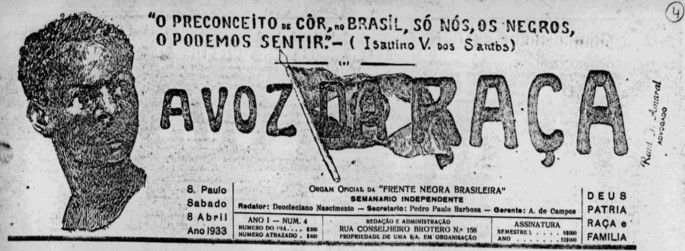 detalhe da capa de uma edição do jornal A Voz da raça em 1883
