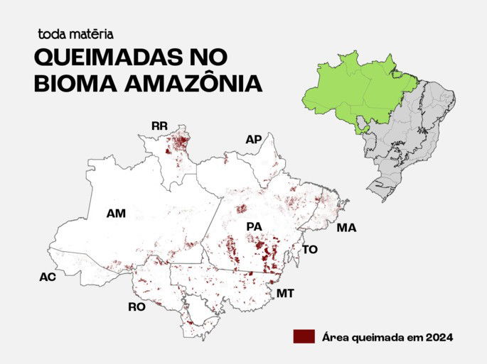 Mapa de destaque do bioma Amazônia, com pontos das queimadas ocorridas no ano de 2024.