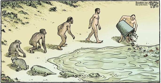 Charge de Dan Piraro da série Bizarro - Evolution Trash (Fonte: bizarro.com)