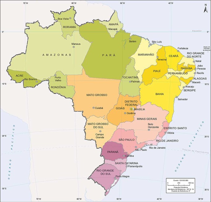 Mapa Brasil atual. Fonte: https://atlasescolar.ibge.gov.br/brasil/3025-federacao-e-territorio/3036-unidades-politico-administrativas.html