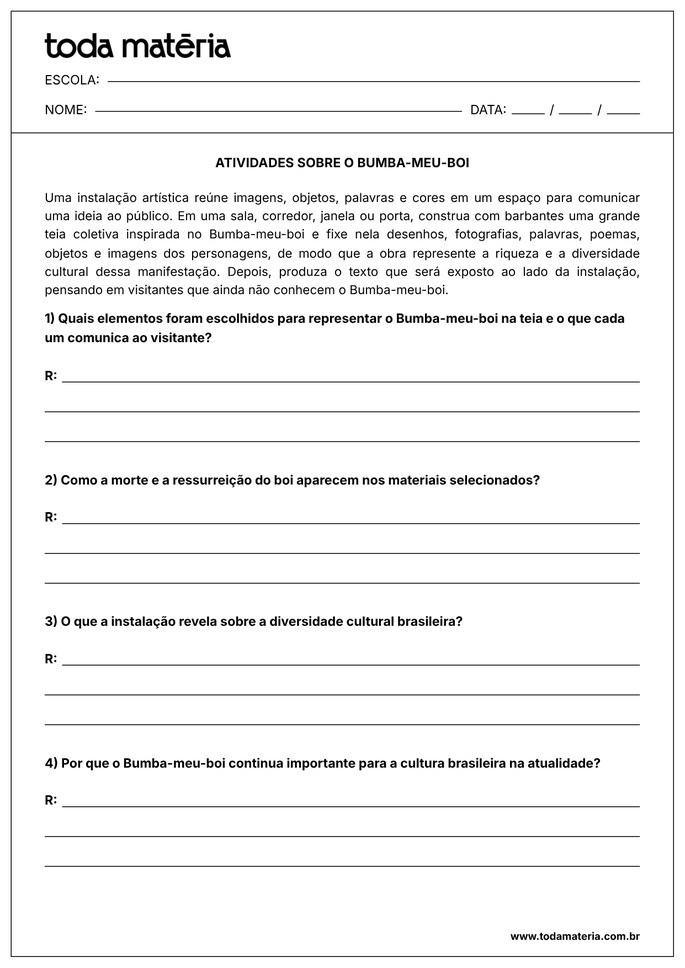 atividade sobre instala&ccedil;&atilde;o bumba meu boi