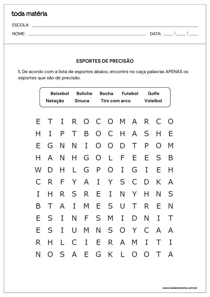 caça-palavras sobre esportes de precisão