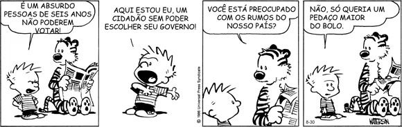 Tirinha Calvin questionando direito de voto das crianças