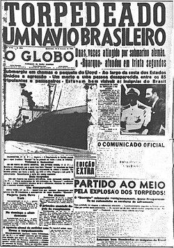 Jornal que noticia o ataque a navios brasileiros no contexto da Segunda Guerra Mundial.