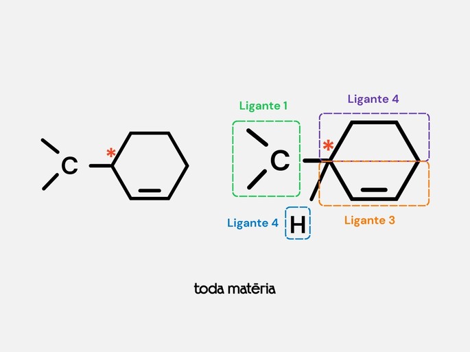 Carbono quiral em evidência em uma molécula de cadeia fechada