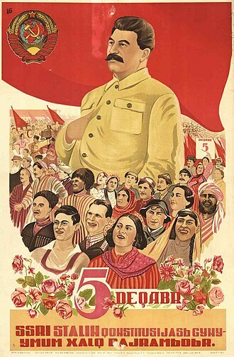 Cartaz feito no Azerbaijão, mostrando Stálin em meio a população local.