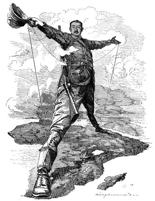 Imagem que apresenta a figura do empresário britânico Cecil Rhodes sobre o desenho do continente africano.