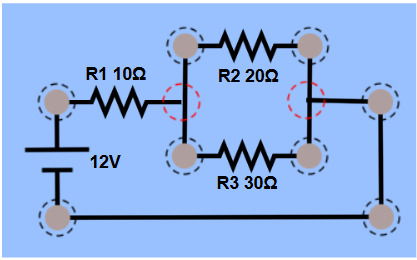 Circuito com 3 resistências e uma bateria