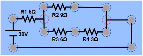 Circuito com 4 resistências sendo 3 em paralelo e uma bateria