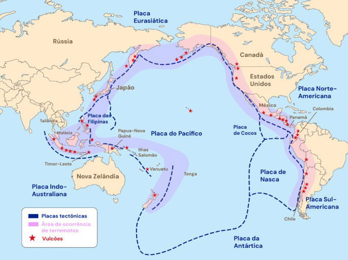 Mapa com a localização do Anel de Fogo do Pacífico