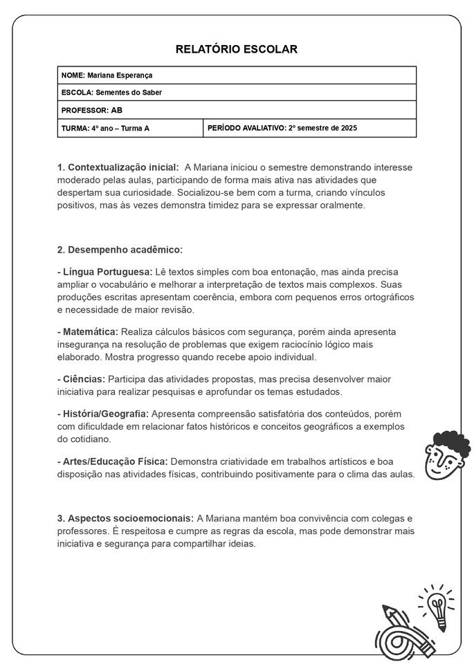 exemplo pronto de relatório escolar de aluno com desempenho médio_folha 1
