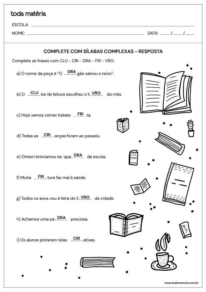 respostas da atividade de complete com sílabas complexas
