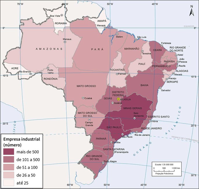 Mapa de concentra&ccedil;&atilde;o industrial no Brasil. Fonte: Atlas IBGE