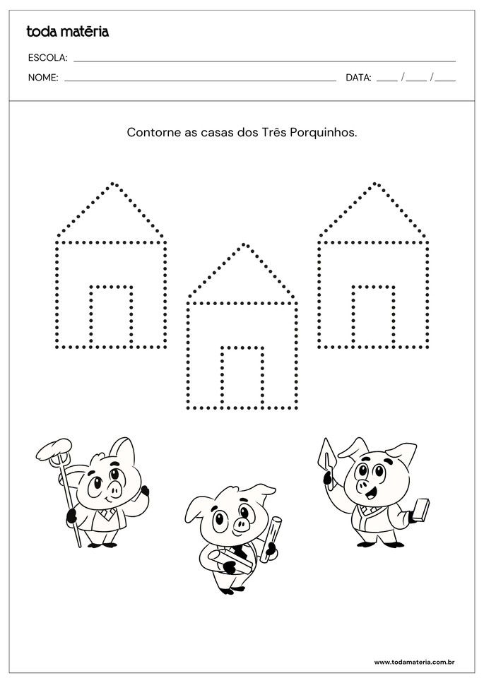 atividade de pontilhado para contornar a casa dos Três Porquinhos
