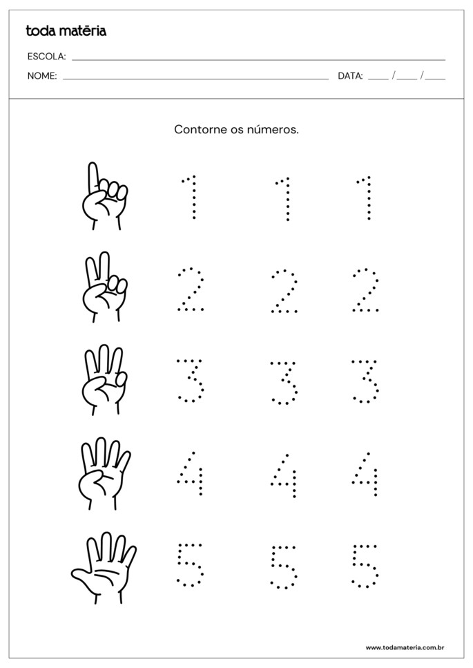 atividade de contorno dos números 1 a 5 com pontilhado