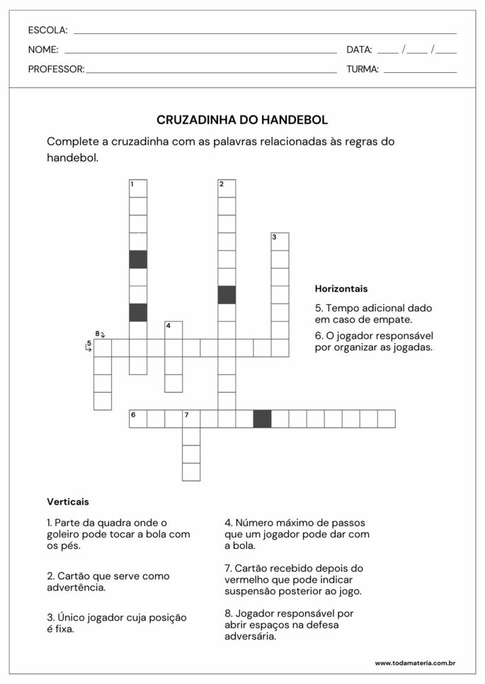 cruzadinha sobre as regras do handebol