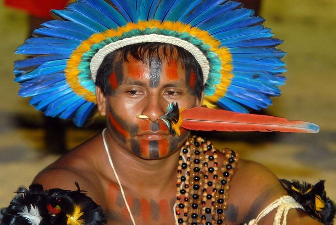 Indígena brasileiro usando cocar e pintura corporal