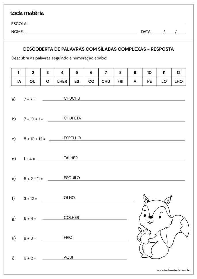 respostas da atividade de descoberta de palavras com sílabas complexas