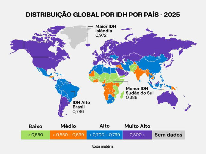 Mapa mundi de IDH dos países - 2025