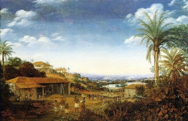 Engenho de cana de açúcar de Pernambuco mostrando escravizados e a moenda