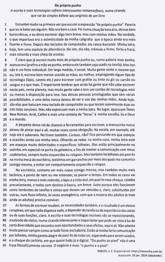 Texto usado no enunciado para responder algumas das questões do enem 2025 - Do Próprio Punho