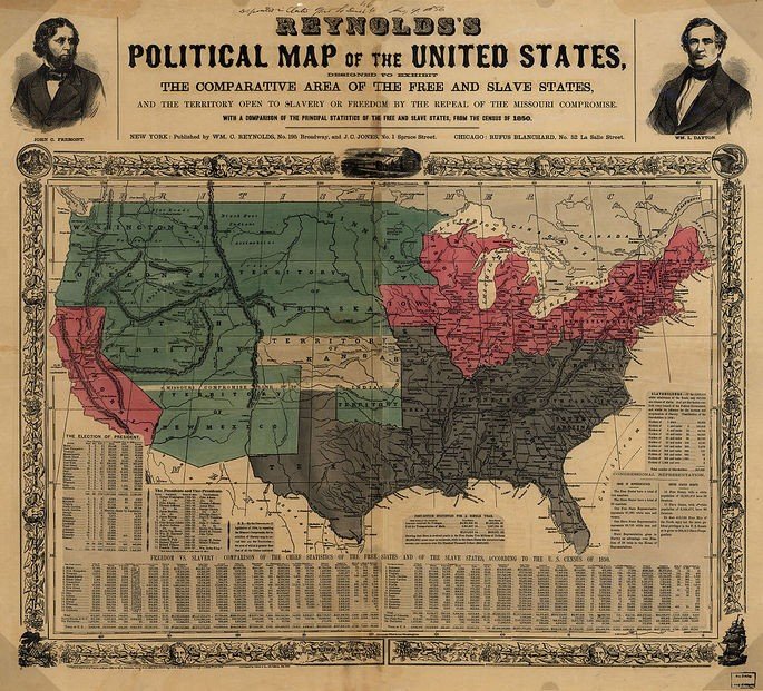 Mapa dos Estados Unidos mostrando os estados escravistas e os não escravistas