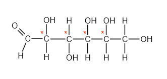 Fórmula estrutural da glicose mostrando os carbonos assimétricos