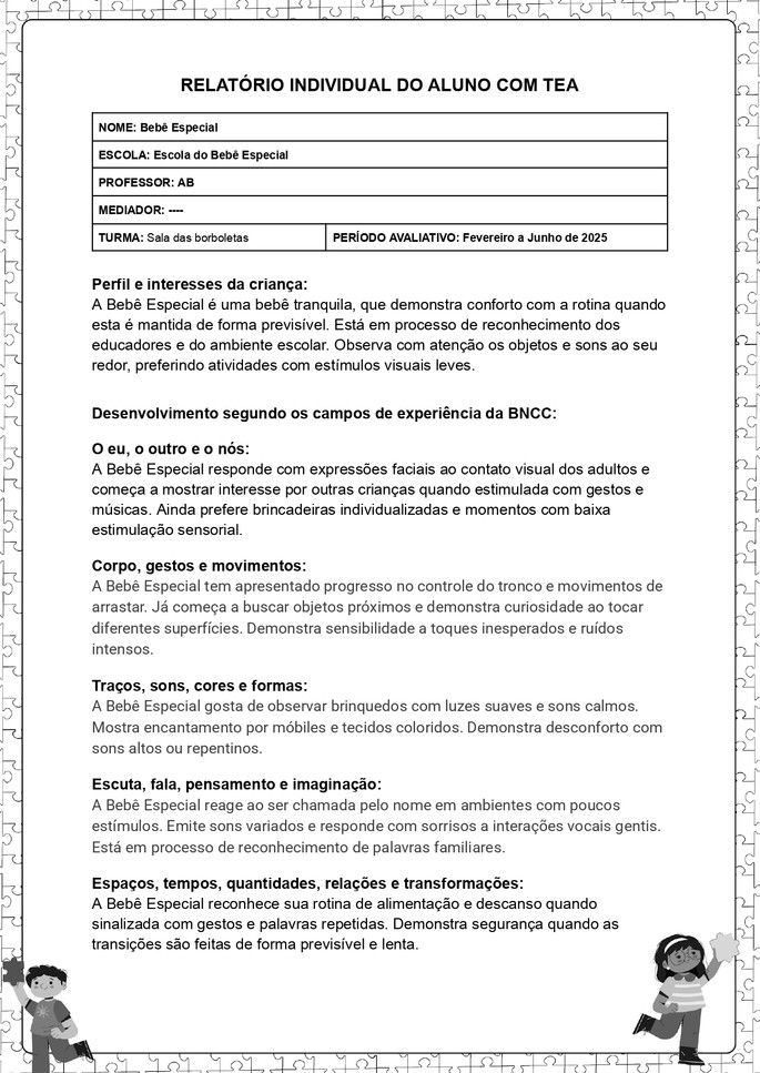 Exemplo de relatório individual de alunos com autismo para educação infantil de bebê_folha 1 de 2