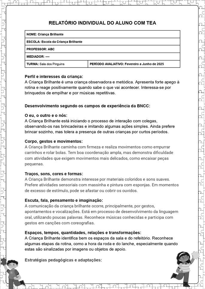 Exemplo de relatório individual de alunos com autismo para educação infantil de criança bem pequena_folha 1 de 2