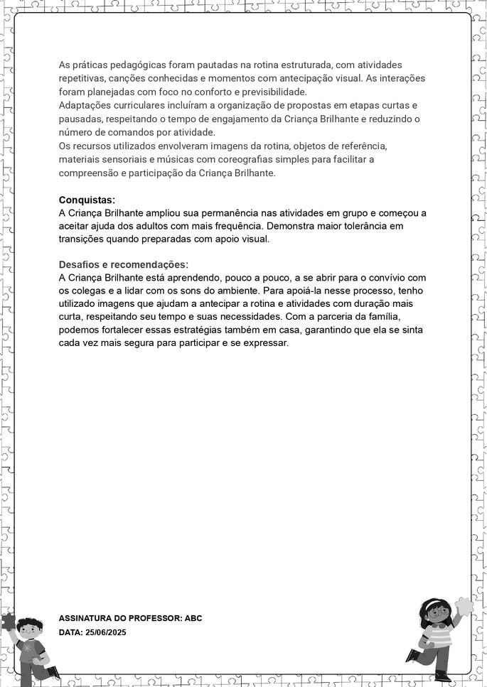 Exemplo de relatório individual de alunos com autismo para educação infantil de criança bem pequena_folha 2 de 2