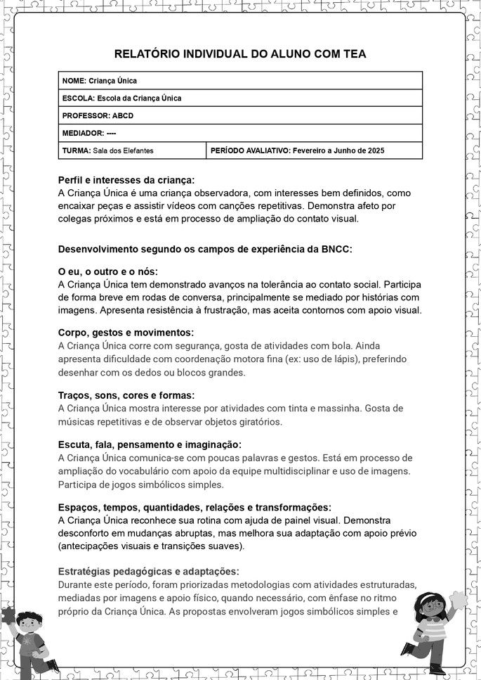 Exemplo de relatório individual de alunos com autismo para educação infantil de criança pequena_folha 1 de 2
