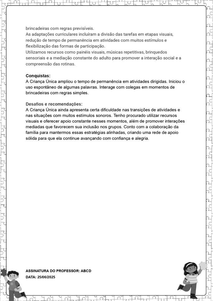 Exemplo de relatório individual de alunos com autismo para educação infantil de criança pequena_folha 2 de 2