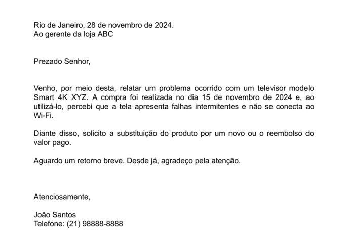 exemplo preenchido carta de reclamação sobre produto com defeito