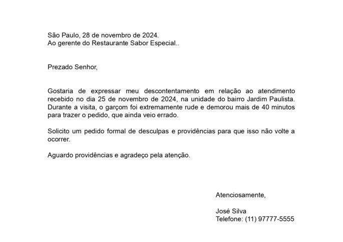 exemplo preenchido de carta de reclamação sobre atendimento