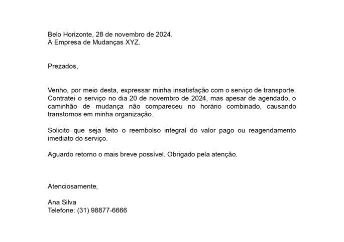 exemplo preenchido de carta de reclamação sobre serviço não realizado